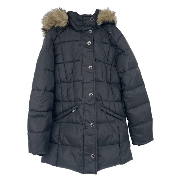 London Fog Black Puffer ParkaDetachable Faux Fur Hood